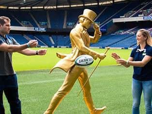 Scotland hooker Fraser Brown and women's internationalist Annabel Sergeant at today's Johnnie Walker sponsorship announcement. PICTURE: SRU/SNS