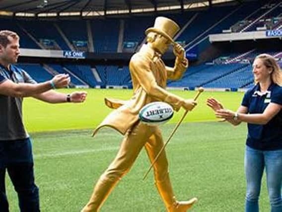 Scotland hooker Fraser Brown and women's internationalist Annabel Sergeant at today's Johnnie Walker sponsorship announcement. PICTURE: SRU/SNS