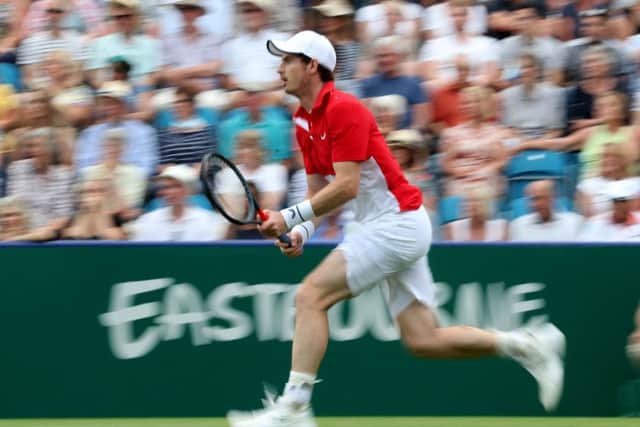 Andy Murray sprints to chase down a ball at Eastbourne. Picture: Bradley Collyer/PA Wire