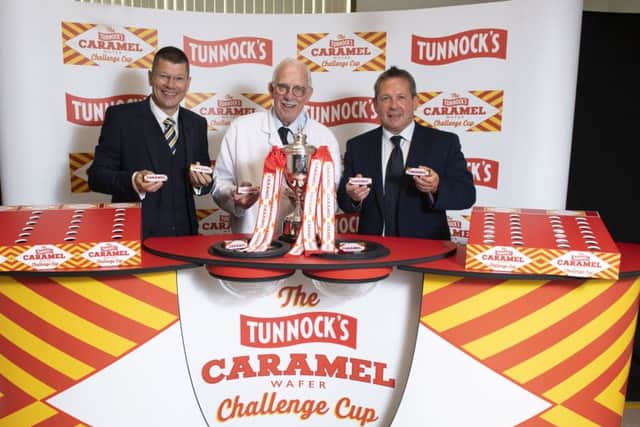 SPFL chief executive Neil Doncaster, left, Sir Boyd Tunnock and Billy Dodds at the Challenge Cup draw. Picture: Craig Foy/SNS