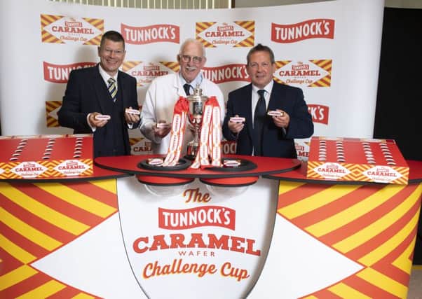 SPFL chief executive Neil Doncaster, left, Sir Boyd Tunnock and Billy Dodds at the Challenge Cup draw. Picture: Craig Foy/SNS