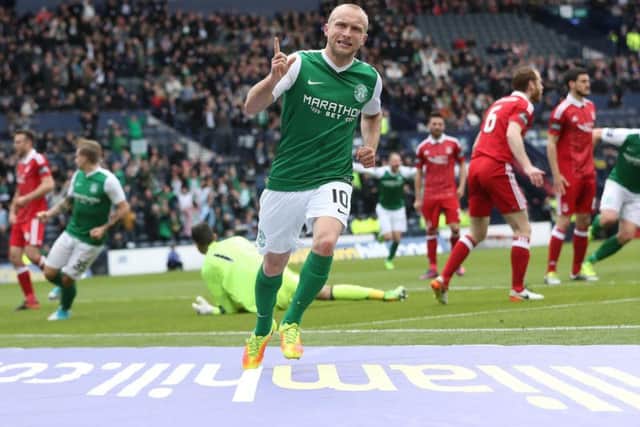 Former Hibs star Dylan McGeouch pictured scoring against Aberdeen in the 2017 Scottish Cup semi-final.
