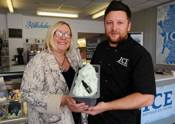 Elaine Grant from Natures Medics and Kyle Gentleman, who runs artisan ice cream parlour ICE in Redding, have brought out the UKs first CBD oil-infused ice cream. One scoop is the equivalent to a single dose of CBD oil. Picture: Michael Gillen