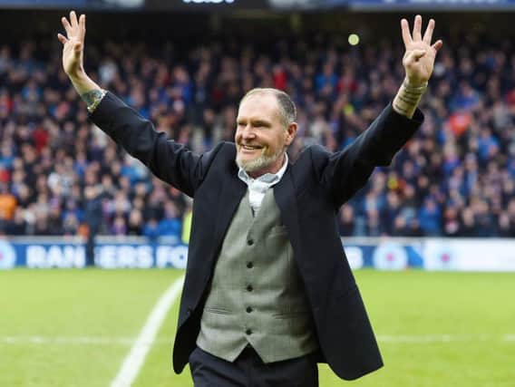 Paul Gascoigne takes the adulation of the Ibrox crowd in 2018.