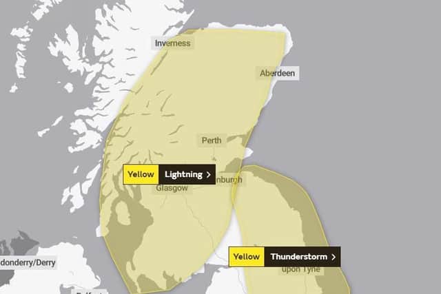 Lightning and thunderstorm warnings are in place for much of Scotland. Picture: Met Office.