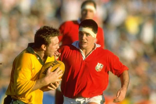 David Sole comes in to challenge Greg Martin during the 1989 Lions tour to Australia. Picture: Allsport.