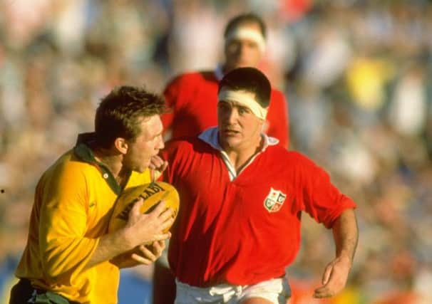 David Sole comes in to challenge Greg Martin during the 1989 Lions tour to Australia. Picture: Allsport.