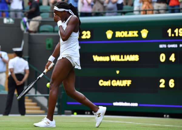 Cori Gauff struggles to hold back the tears as she celebrates defeating Venus Williams 6-4, 6-4. Picture: Getty.