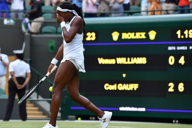 Cori Gauff struggles to hold back the tears as she celebrates defeating Venus Williams 6-4, 6-4. Picture: Getty.