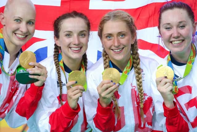 Great Britain's Women's Team Pursuit clinching gold medals at the 2016 Rio Olympics.  From left, Joanna Rowsell-Shand, Elinor Barker, Laura Trott and Katie Archibald