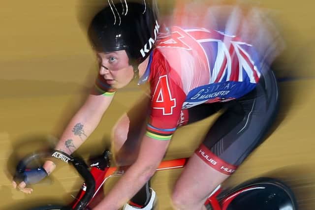 Archibald racing for Great Britain in the Women's 20km Madison race at the Phynova Manchester Six Day Cycling in March. Picture: Alex Livesey/Getty Images