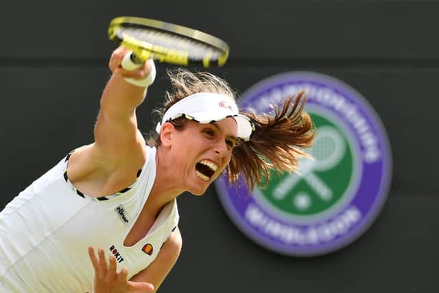 Britain's Johanna Konta serves against Romania's Ana Bogdan. Picture: Daniel Leal-Olivas/Getty