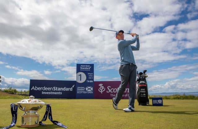 Grant Forrest on the first tee at The Renaissance during an Aberdeen Standard Investments Scottish Opens media day. Picture: Kenny Smith