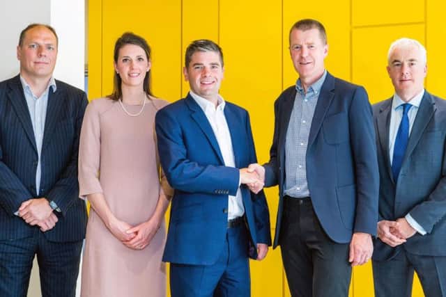 Pictured centre is GSS's Paul Stevenson with (left to right) WBDs head of financial services Jonny Williams, managing associate Natasha Brownlee, finance and investment partner Michael Spence, and partner and head of Edinburgh office John Ralph. Picture: contributed.