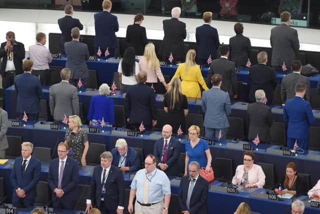 Brexit Party MEPs turn their backs as the EUs national anthem  Beethovens Ode to Joy  was played at the European parliament in Strasbourg. Picture: Getty