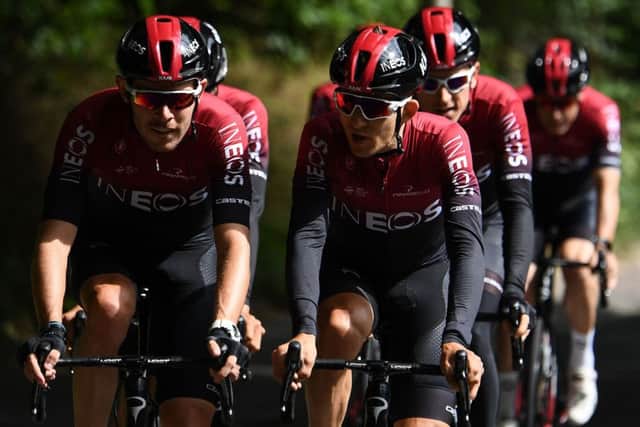 Egan Bernal, right, chats with Dutch team-mate Dylan Van Baarle during training. Picture: Anne-Christine Poujoulat/AFP/Getty Images