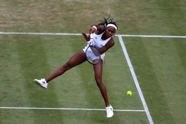 Cori Gauffplays a smash during her win over Polona Hercog. Picture: Mike Egerton/PA Wire