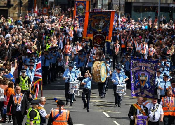 Members of the Orange Order take part in the 329th Battle of the Boyne Parade organized by the County Grand Orange Order Lodge on July 6, 2019 in Glasgow, Scotland. (Photo by Jeff J Mitchell/Getty Images)
