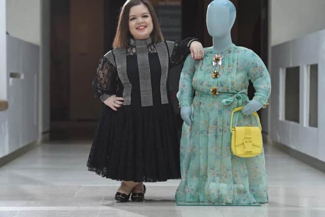 Sinead Burke with a Christopher Kane outfit she loaned to the Body Beautiful exhibition, displayed on a mannequin cast from her body. Picture: Neil Hanna