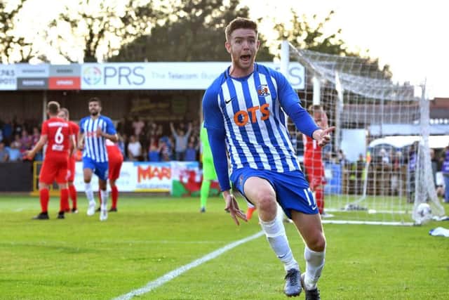 Stuart Findlay celebrates scoring Kilmarnock's late winner in Wales. Picture: Anthony Devlin/PA Wire