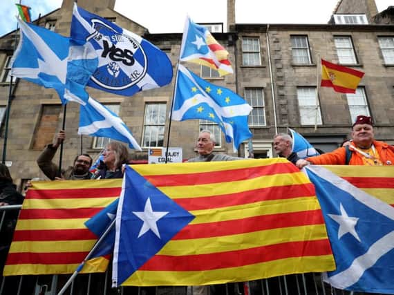 Demonstrators outside the Spanish Consulate in Edinburgh protest against the extradition to Spain of the former Catalan education minister Clara Ponsati in March 2018. Picture: PA