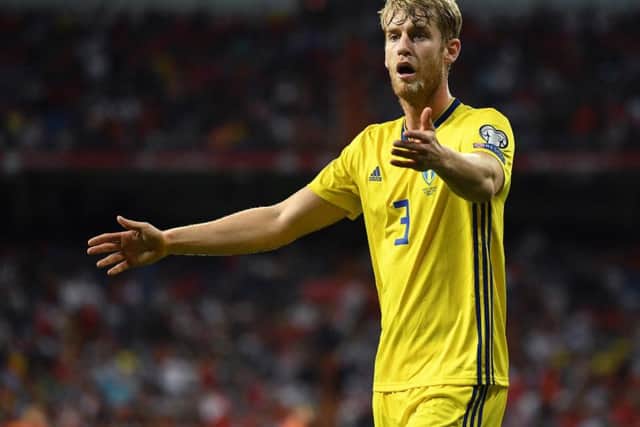 Filip Helander appearing for the Swedish national team against Spain.