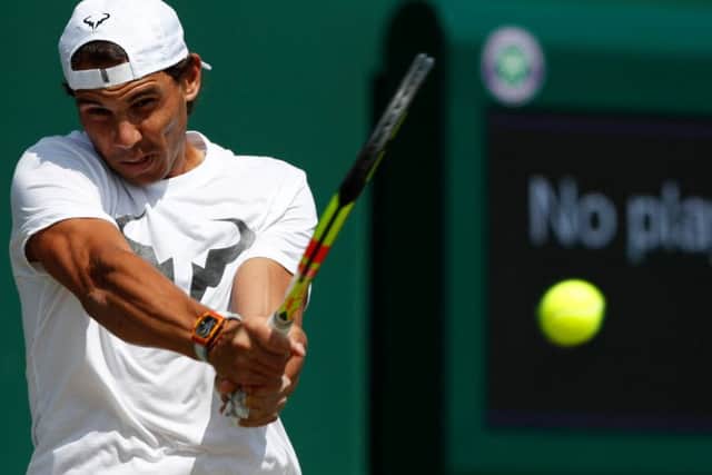Rafael Nadal takes part in a practice session at Wimbledon. Picture: Adrian Dennis/AFP/Getty