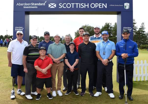 Some of the EDGA Scottish Open competitors joined Dane Soren Kjeldsen and Ryan Fox of New Zealand on the putting green at The Renaissance Club. Picture: Getty Images