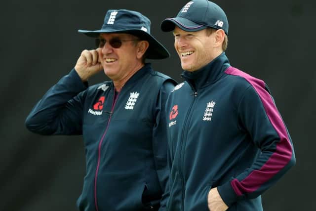 England head coach Trevor Bayliss, left, and captain Eoin Morgan at a nets session. Picture: David Rogers/Getty