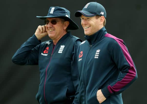 England head coach Trevor Bayliss, left, and captain Eoin Morgan at a nets session. Picture: David Rogers/Getty