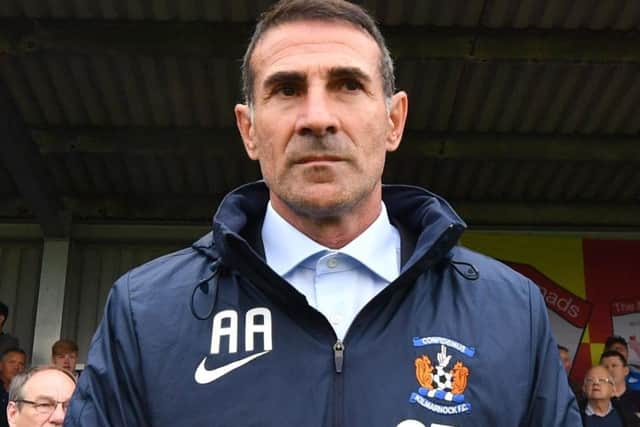 Kilmarnock manager Angelo Alessio favoured the buttoned-up shirt look with no tie. Picture: Anthony Devlin/PA Wire