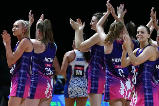 Scotland players celebrate after their victory over Samoa at  the Netball World Cup in Liverpool. Picture: Nigel French/PA Wire