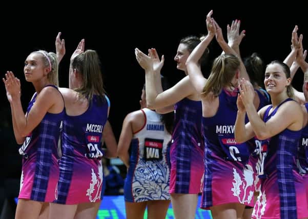 Scotland players celebrate after their victory over Samoa at  the Netball World Cup in Liverpool. Picture: Nigel French/PA Wire