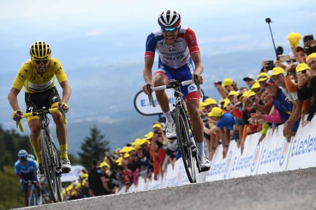 Thibaut Pinot leads fellow Frenchman and yellow jersey holder Julian Alaphilippe at La Planche des Belles Filles. Picture: Getty Images