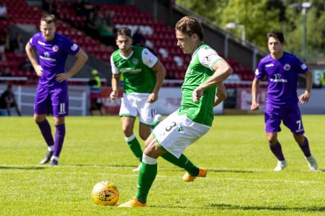 Scott Allan scores Hibs' goal from the spot. Picture: SNS Group