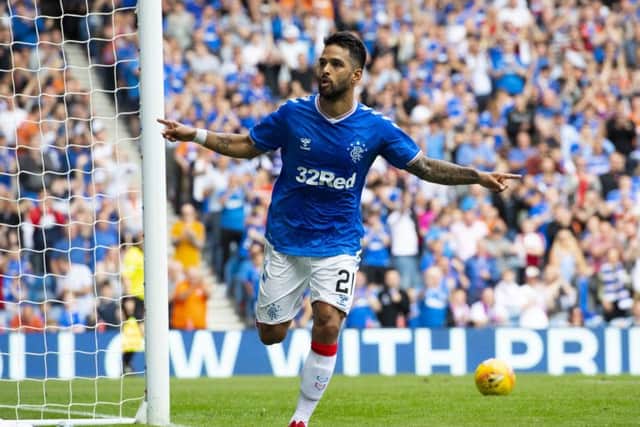 Daniel Candeias celebrates his second goal against Marseille at Ibrox. Picture: SNS