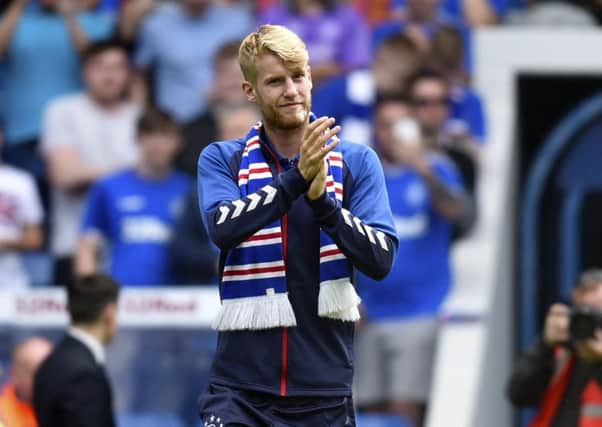 Rangers new signing Filip Helander is unveiled to the crowd at half-time. Picture: SNS