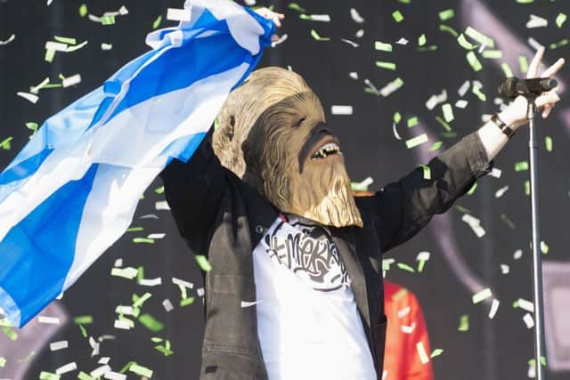 Lewis Capaldi takes to the Main Stage wearing a Chewbacca during the TRNSMT festival at  Glasgow Green, Scotland. Picture: Lesley Martin/PA Wire