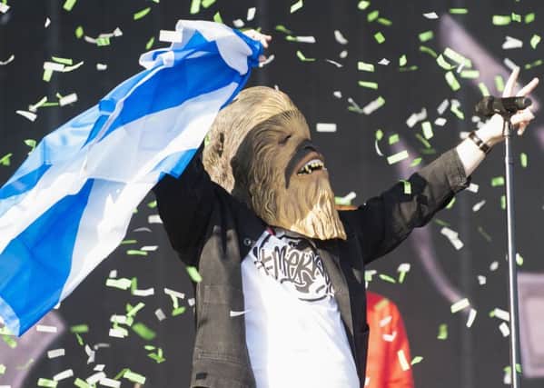 Lewis Capaldi takes to the Main Stage wearing a Chewbacca during the TRNSMT festival at  Glasgow Green, Scotland. Picture: Lesley Martin/PA Wire