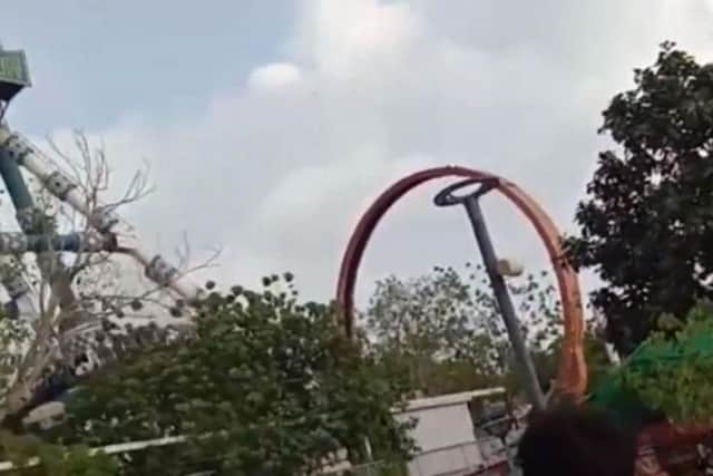 The ring of seats at the bottom of the metal arm smashed into the main frame of the ride, before hitting the ground. Picture: SWNS