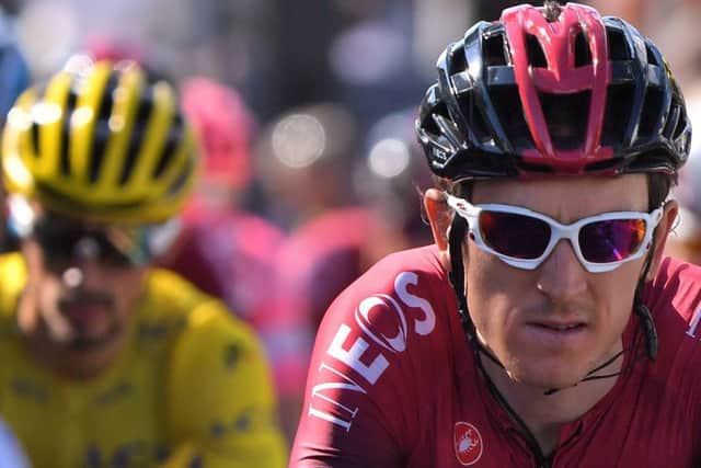 Geraint Thomas in action on stage 9 with yellow jersey holder Julian Alaphilippe in the background. Picture: Marco Bertorello/AFP/Getty Images