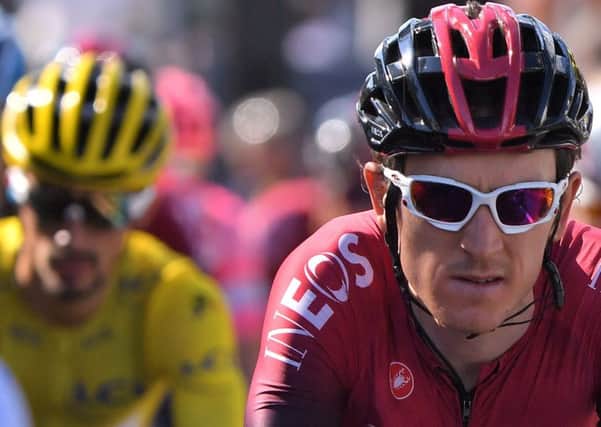 Geraint Thomas in action on stage 9 with yellow jersey holder Julian Alaphilippe in the background. Picture: Marco Bertorello/AFP/Getty Images