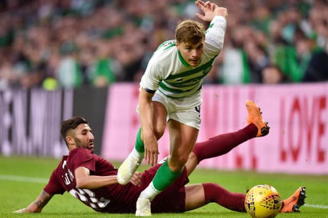 Celtic's James Forrest evades Sarajevo goalscorer Benjamin Tatar's challenge