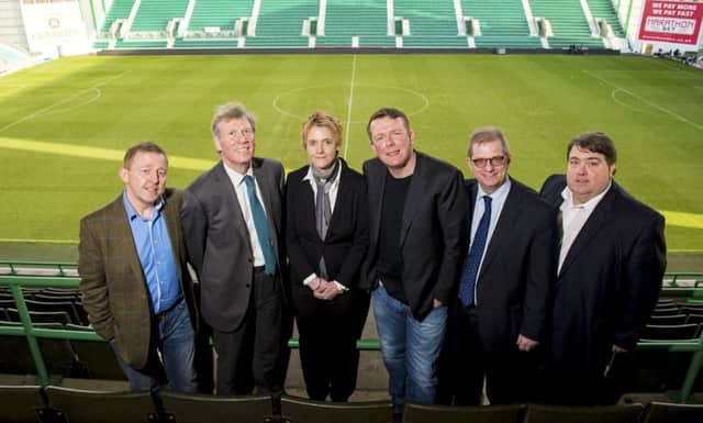Founding directors of Hibernian Supporters Ltd pictured at Easter Road in 2015. (L/R) Gordon Smith, MSP for Edinburgh Eastern Kenny MacAskill, Hibs chief executive Leeann Dempster, Charlie Reid, Stephen Dunn and Jim Adie. Picture: SNS