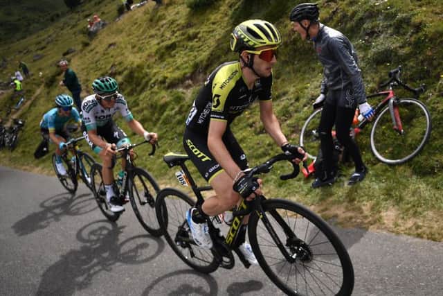 Simon Yates leads the breakaway in the Pyrenees on his way to victory in Bagneres-de-Bigorre. Picture: Marco Bertorello/AFP/Getty