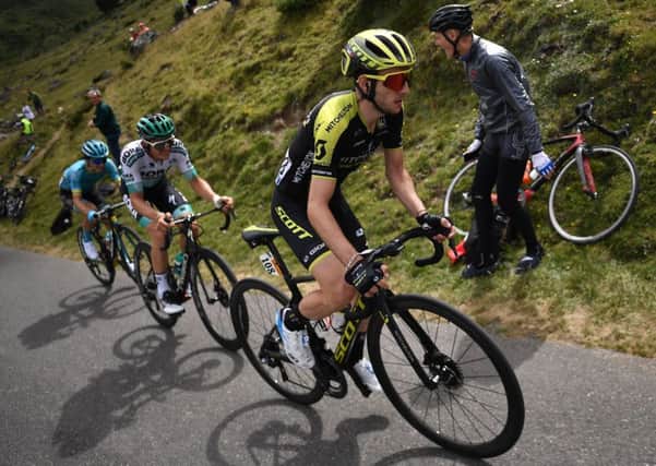 Simon Yates leads the breakaway in the Pyrenees on his way to victory in Bagneres-de-Bigorre. Picture: Marco Bertorello/AFP/Getty