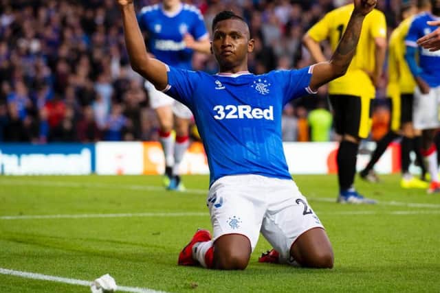 Alfredo Morelos celebrates scoring Rangers' second.