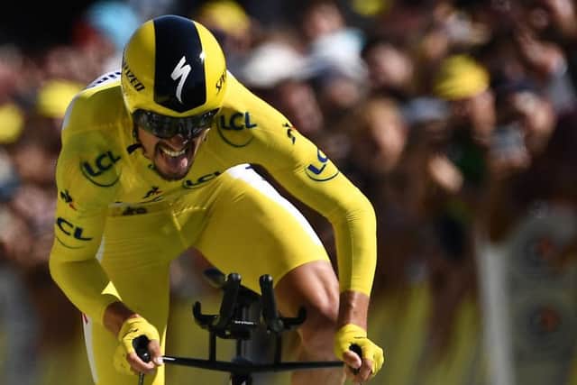 Julian Alaphilippe crosses the time trial finishing line in Pau. Picture: Jeff Pachoud/AFP/Getty