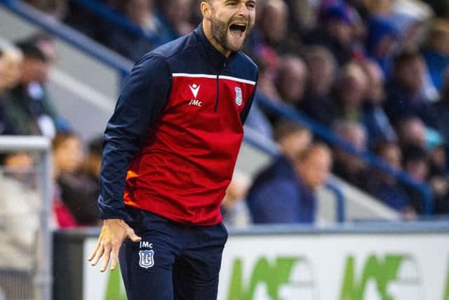 Dundee boss James McPake barks out orders to his players during a Betfred Cup clash with Cove Rangers. Picture: SNS