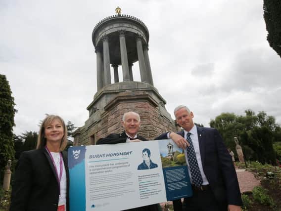 Caroline Smith, Operations Manager at the Robert Burns Birthplace Museum, Hugh Farrell, Chairman of Friends of Robert Burns Birthplace Museum and Simon Skinner, National Trust for Scotland Chief Executive Officer. Picture: Alister Firth/NTS/PA Wire